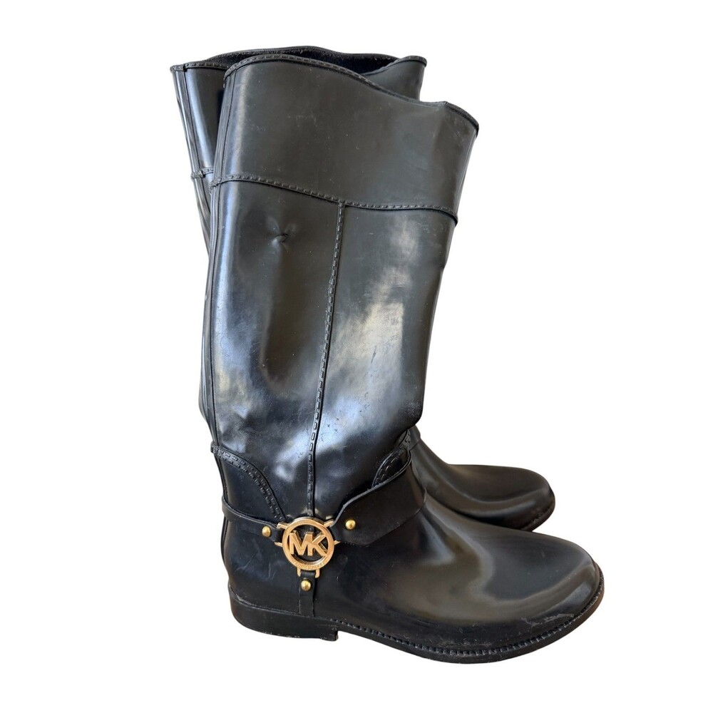 Michael Kors Fulton Black Rubber Riding Style Harness Rain Boots - Size 10